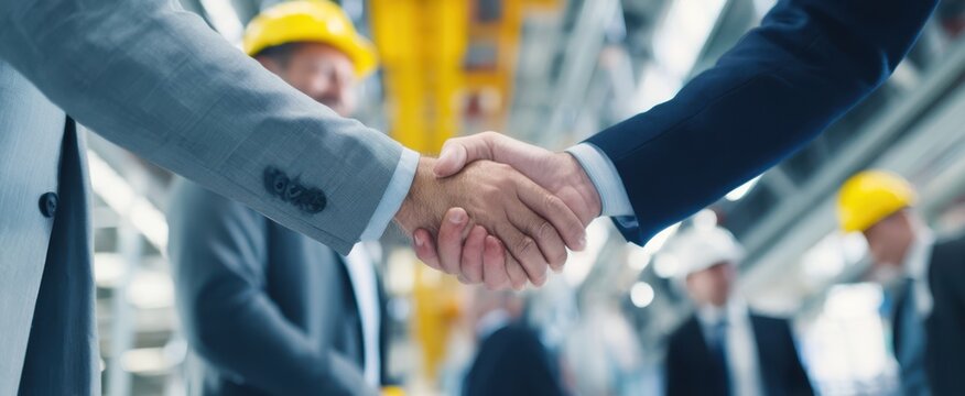 The handshake symbolizes partnership and collaboration in a professional industrial setting.