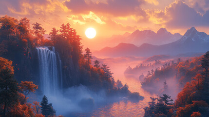 Waterfall cascading into misty valley at sunset with mountain backdrop