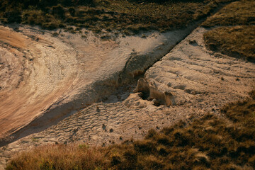 Curved path with dry and cracked soil, crater.
