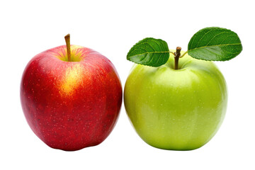 Red and green apples with stems and leaves side by side red apple fruit