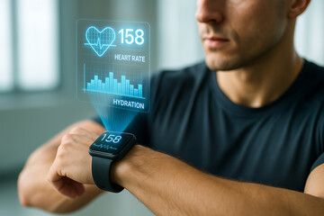 Man checking futuristic smartwatch health data with heart rate and hydration stats displayed as holographic interface wearable fitness technology for active lifestyle and biometric monitoring