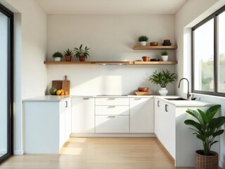 Serene Kitchen with Natural Light: A minimalist kitchen bathed in natural light, showcasing clean lines, fresh greenery, and a sense of tranquility.