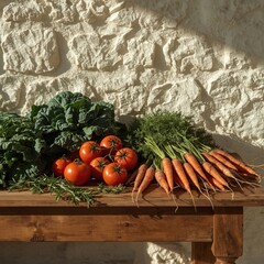 "Rustic Farm Fresh Carrots and Tomatoes on Wooden Table"
