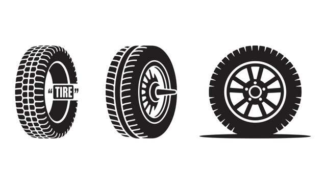Collection of three black tire icons with different tread patterns and rim designs