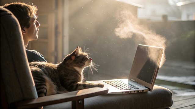 Young man and cat working together on a laptop in a sunlit room