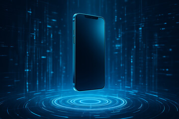 Futuristic smartphone floating in glowing digital matrix with blue holographic rings data waves and abstract interface elements representing modern mobile technology and virtual communication