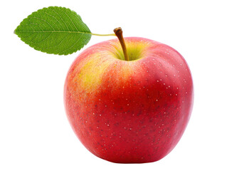 Ripe red apple with green leaf and stem on pink fruit fresh