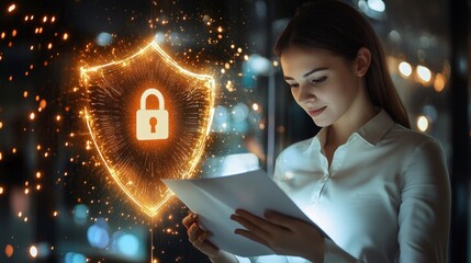 Reviewing an insurance policy document office businesswoman professional environment close-up financial security