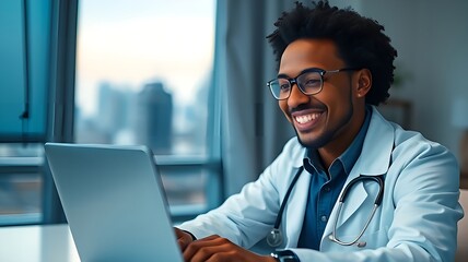 Smiling Doctor Wearing Glasses and Stethoscope Works on a Laptop in an Office