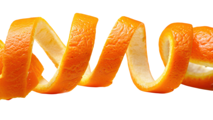 Spiral orange peel with textured rind and white pith on orange citrus peel twist