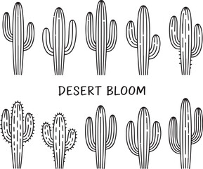 Hand-Drawn Saguaro Cactus Doodle Set with Varied Arm Positions and Minimal Desert Style