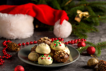 Christmas cookies with nuts and chocolate. Christmas still life