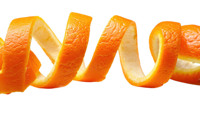 Spiral orange peel with textured rind and white pith on orange citrus peel twist