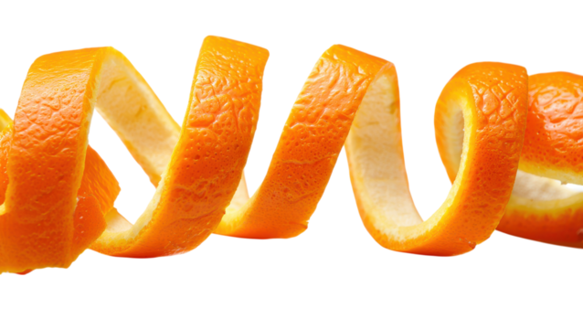 Spiral orange peel with textured rind and white pith on orange citrus peel twist