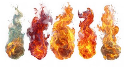 Five isolated fiery orbs with different colors and smoke trails isolated on transparent background