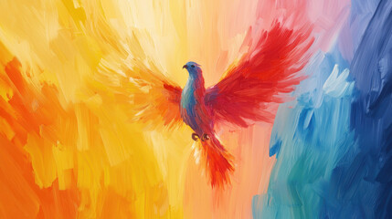 Obraz premium Vibrant phoenix painting with multicolored feathers, symbolizing rebirth and transformation, set against bright abstract background