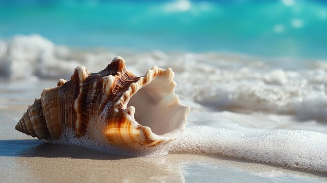 Admiring a closeup of a beautiful conch shell resting on sandy beach coastal serenity photography perspective nature's art