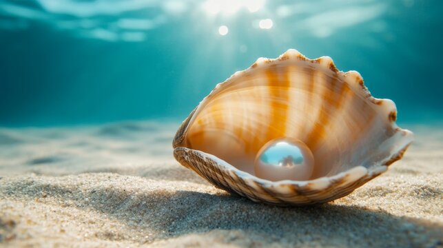 Close-up of a clam shell partially open revealing a pearl underwater marine environment macro photography
