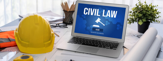 Civil law brisk information showing on computer screen for Common Justice Legal Regulation Rights...