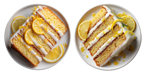 Set of a slice of lemon drizzle cake arranged on a white plate isolated on transparent or white background