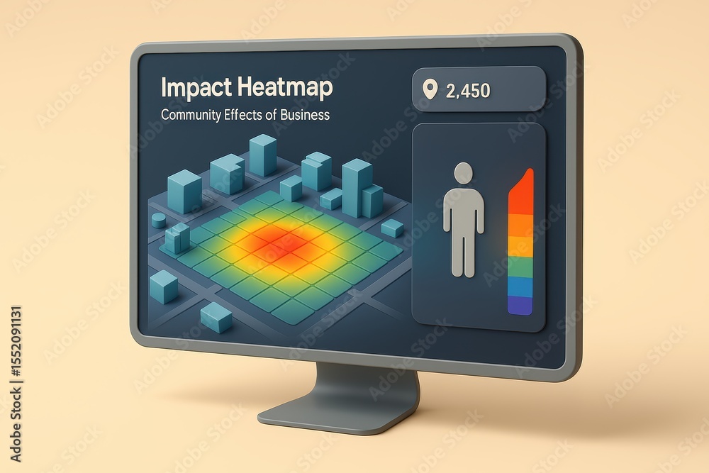 Poster 3d visual representation of community impact heatmap on business dynamics and spatial data analysis