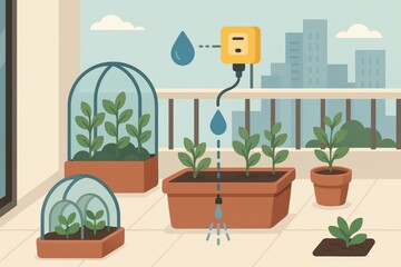 Indoor Urban Gardening with Automatic Watering System on Balcony with City Background