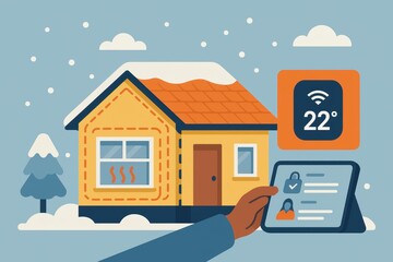 Cozy Smart Home with Temperature Control and Snowy Background Featuring Modern Technology