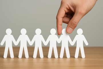 Human hand selecting paper cutout figure from line of identical cutouts on wooden table surface