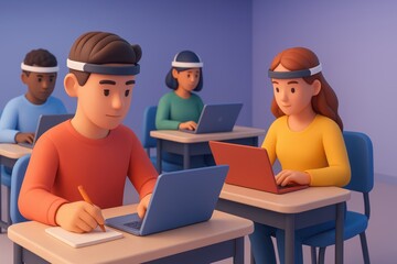 Students Engaged in Learning with Laptops and Headbands in a Classroom Setting