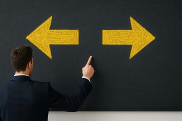 Businessman Making Decision Between Two Directions Pointing at Yellow Arrows on Black Chalkboard