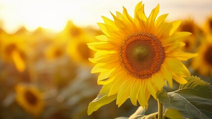 Fototapeta premium Closeup of a sunflower leaf in a blurred field nature photography outdoor setting macro view botanical concept