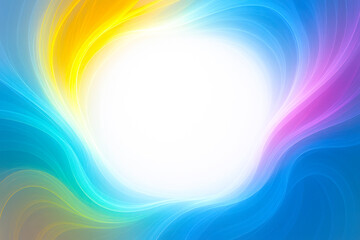 Vibrant swirling abstract design with blue, yellow, and pink hues framing a large central white area ideal for text or branding.