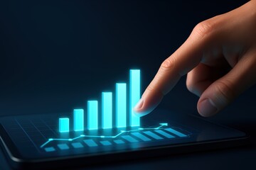 Hand touching digital tablet with growth chart and glowing data visualization on dark background