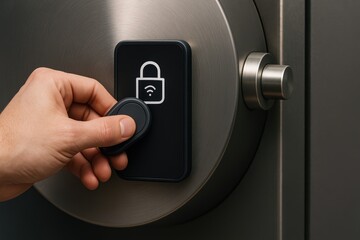 Hand Unlocking Modern Security Safe with Wireless Key Fob Technology in Contemporary Setting