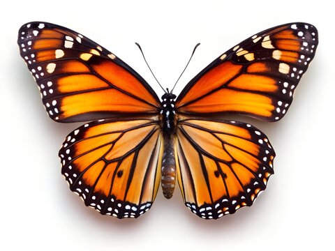 A monarch butterfly with orange and black wings isolated on white background