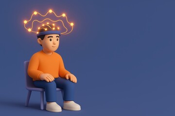 Creative cartoon character with glowing brainstorm concept sitting on chair against solid background
