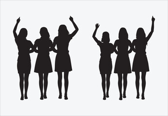 Fototapeta premium Three diverse women in flowing dresses walking together embracing friendship and unity, silhouettes of dancing girls
