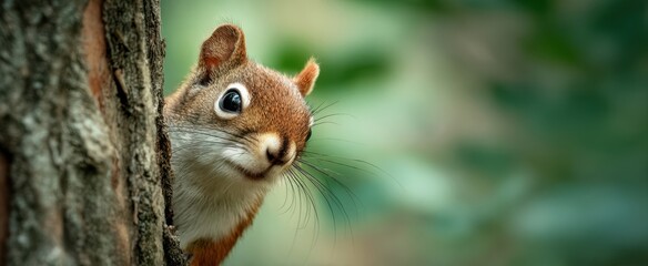 The curious squirrel peeking from behind a tree in a forest setting.