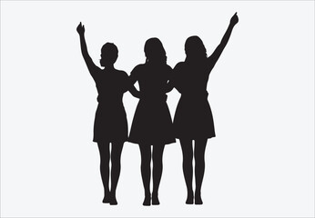 Fototapeta premium Three diverse women in flowing dresses walking together embracing friendship and unity, silhouettes of dancing girls