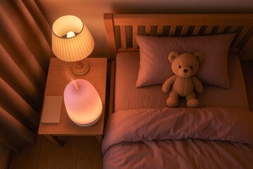 Warmly lit child’s bedroom at night with a teddy bear on the bed, aromatherapy diffuser, and bedside lamp creating a soothing atmosphere.