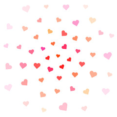 A swirl of small hearts in various shades of pink and red set against a white background, creating a cheerful and romantic vibe.