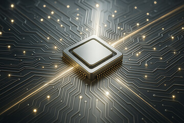 Closeup of futuristic computer processor chip on glowing circuit board with golden pathways representing high tech innovation digital connectivity and modern electronic infrastructure design