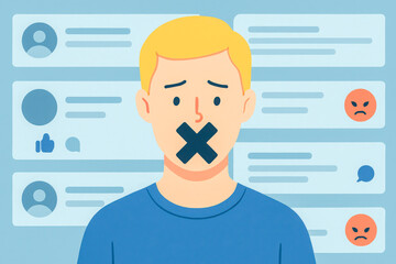 A man with a black X over his mouth stands against a backdrop of social media comments and angry reactions, symbolizing cancel culture.