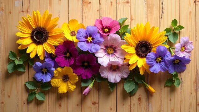 Colorful Summer Flowers Arrangement on Wooden Background