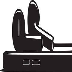 Black and white graphic of wireless earbuds resting on a smartphone device illustration