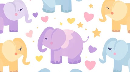 Adorable elephants playfully decorate a colorful seamless pattern in a whimsical environment for fun and creative design