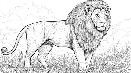Fototapeta premium Majestic lion standing tall open savanna coloring page natural habitat eye-level view detailed artwork for kids