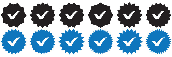 Verified badge profile set. Instagram verified badge. Social media account verification icon. Verified symbol. Blue check mark icon. Profile verified. Checkmark sign. Approval done element collection
