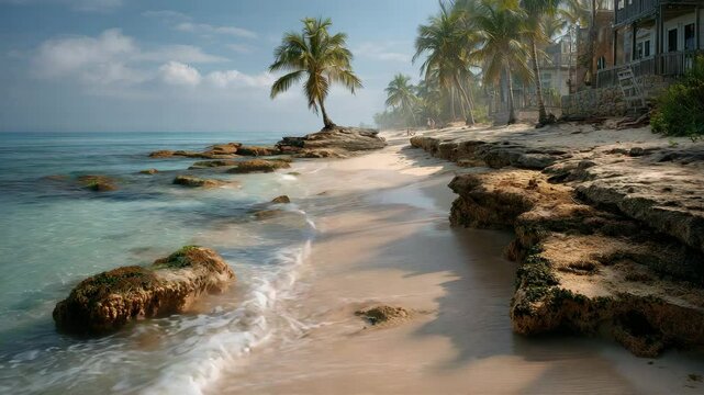 A serene beach scene with palm trees and gentle waves lapping at rocky shores.