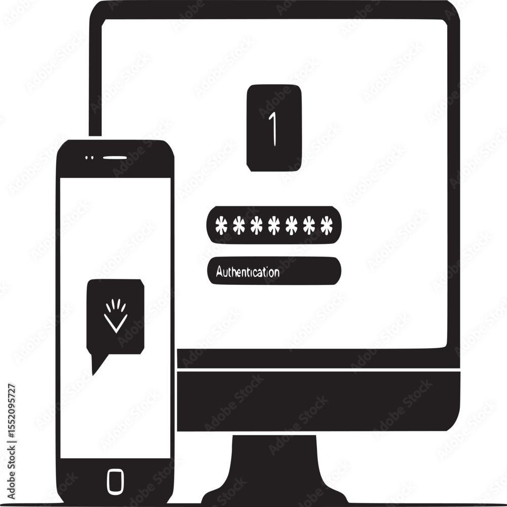 Poster authentication process shown on computer screen and mobile phone with green elements and black lines
